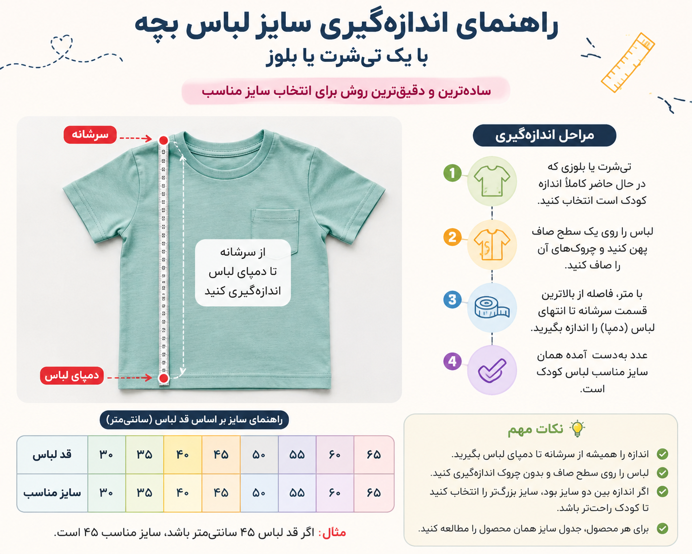 چگونه سایز لباس بچه را به راحتی اندازه بگیریم؟ (راهنمای کامل انتخاب سایز)